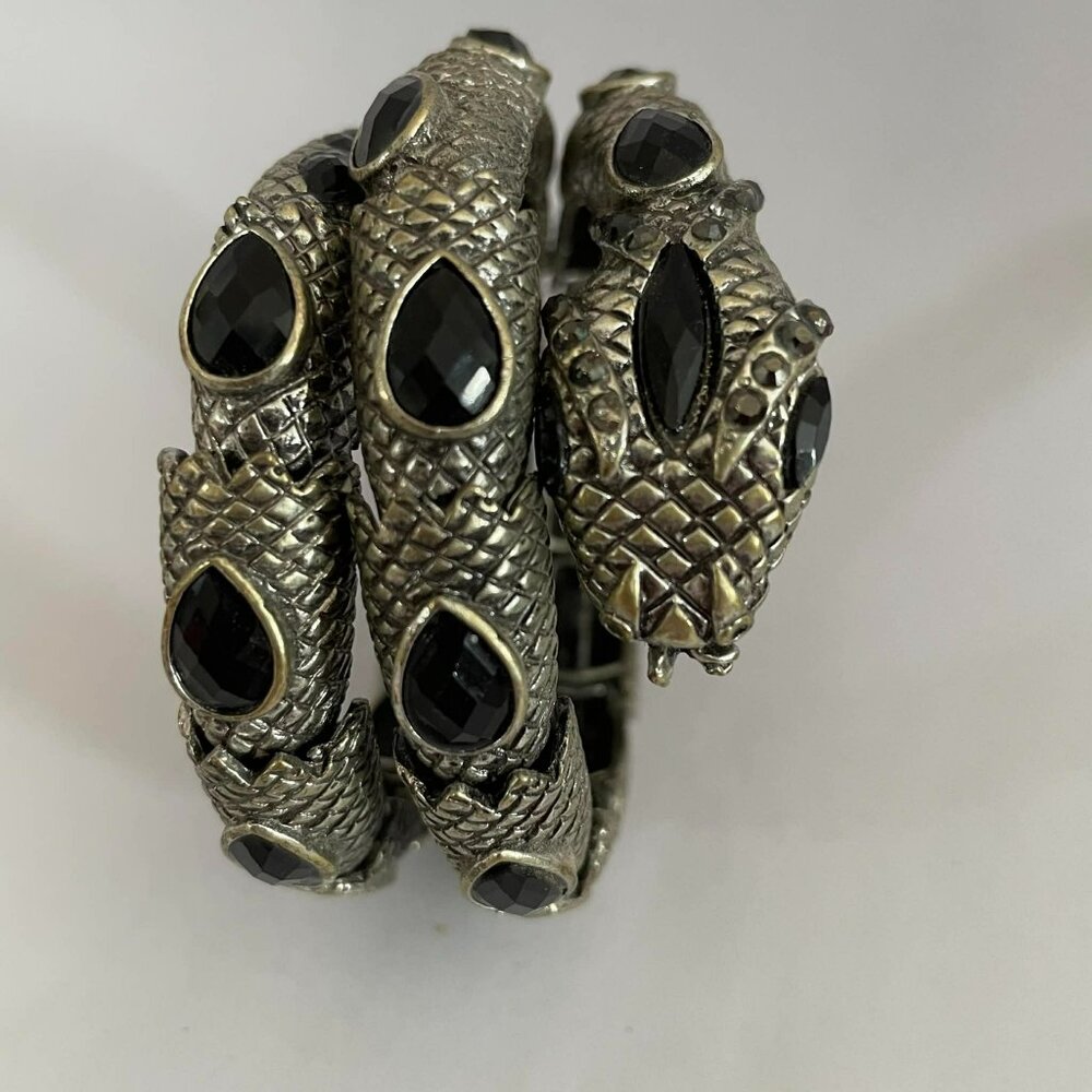GOTH SNAKE SILVER TONE METAL BRACELET BLACK STONES ARTICULATED EGYPTIAN REVIVAL